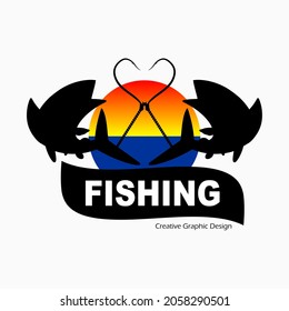 fishing logo. albacore tuna and hook in silhouette, sea and sky illustration. Fishing theme vector illustration. vector creative design template for t-shirt, poster, web, sticker or wallpaper design