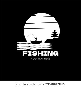 fishing logo. logo of an angler under the moonlight, black background, vector illustration