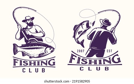 Fishing logo badge set. Fisherman catches fish on spinning rod logo. Sport fishing club emblem vector illustration