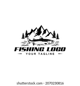 Fishing logo. Bass fishing logo. Fish and mountain illustration. Vector illustration. Vintage logo.