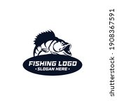 Fishing logo Bass fish with rod club emblem Fishing theme vector illustration Isolated on white