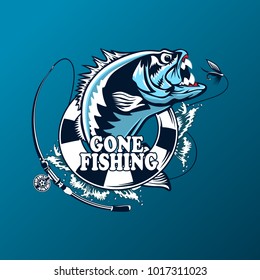 Fishing logo. Bass fish with rod club emblem. Fishing theme illustration. Isolated on white.