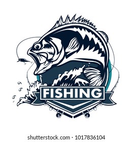 Fishing logo. Bass fish with rod club emblem. Fishing theme illustration. Isolated on white.