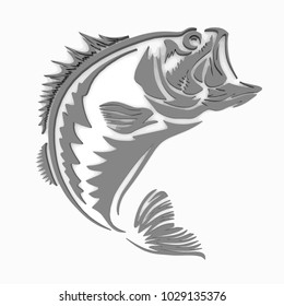 Fishing logo. Bass fish with rod club emblem. Fishing theme illustration. Isolated on white.