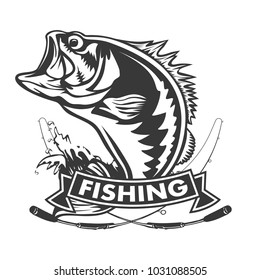 Fishing logo. Bass fish with rod club emblem. Fishing theme illustration. Isolated on white.