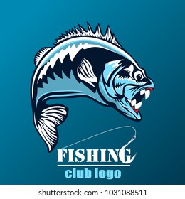 Fishing logo. Bass fish with rod club emblem. Fishing theme illustration. Isolated on white.