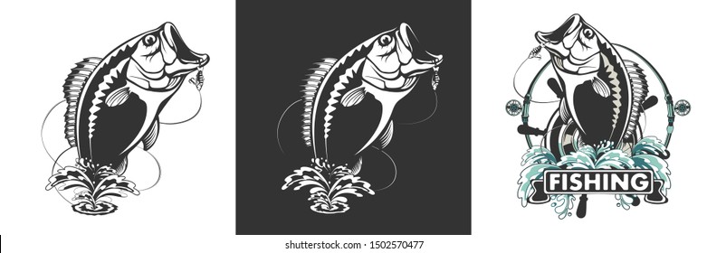 Fishing logo. Bass fish with rod club emblem. Fishing theme illustration. Isolated on white.