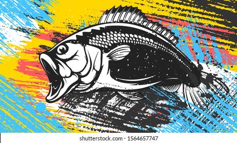 Fishing logo. Bass fish with rod club emblem. Fishing theme illustration. Isolated on white.