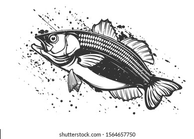 Fishing logo. Bass fish with rod club emblem. Fishing theme illustration. Isolated on white.