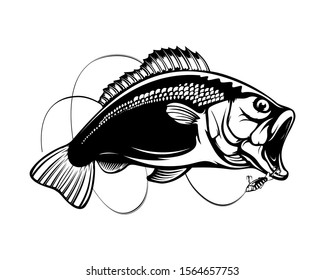 Fishing logo. Bass fish with rod club emblem. Fishing theme illustration. Isolated on white.