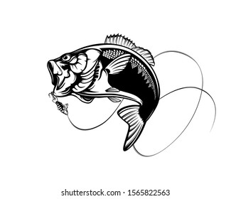 Fishing logo. Bass fish with rod club emblem. Fishing theme illustration. Isolated on white.