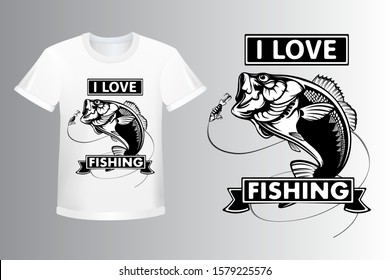 Fishing logo. Bass fish with rod club emblem. Fishing theme illustration. Isolated on white.