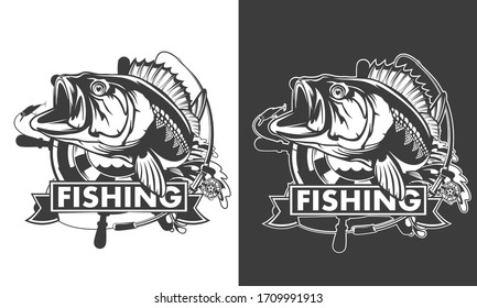 Fishing logo. Bass fish with rod club emblem. Fishing theme illustration. Isolated on white.