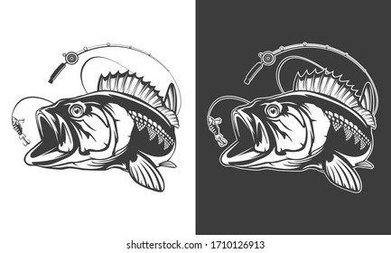 Fishing logo. Bass fish with rod club emblem. Fishing theme illustration. Isolated on white.