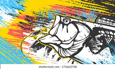 Fishing logo. Bass fish with rod club emblem. Fishing theme illustration. Isolated on white.