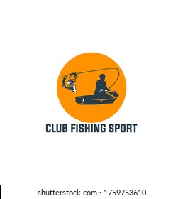 Fishing logo. Bass fish with rod club emblem. Fishing theme vector illustration. Isolated on white.