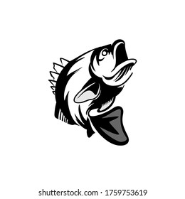 Fishing logo. Bass fish with rod club emblem. Fishing theme vector illustration. Isolated on white.