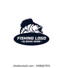 Fishing logo Bass fish with rod club emblem Fishing theme vector illustration Isolated on white