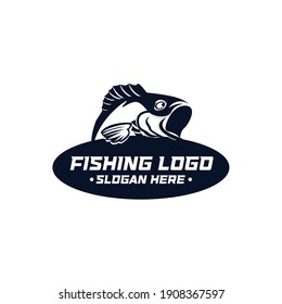 Fishing logo Bass fish with rod club emblem Fishing theme vector illustration Isolated on white