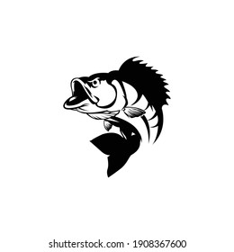 Fishing logo Bass fish with rod club emblem Fishing theme vector illustration Isolated on white