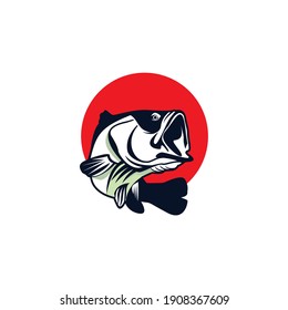 Fishing logo Bass fish with rod club emblem Fishing theme vector illustration Isolated on white