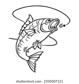 Fishing logo. Bass fish with rod club emblem. Fishing theme vector illustration. Isolated on white.