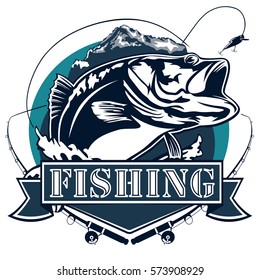 Fishing logo. Bass fish with rod club emblem. Fishing theme vector illustration. Isolated on white.