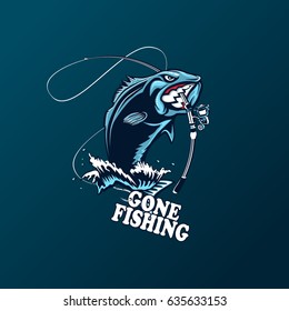 Fishing logo. Bass fish with rod club emblem. Fishing theme vector illustration. Isolated on white.