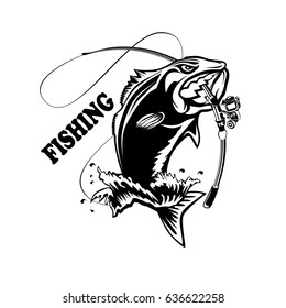 Fishing logo. Bass fish with rod club emblem. Fishing theme vector illustration. Isolated on white.