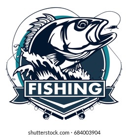Fishing logo. Bass fish with rod club emblem. Fishing theme vector illustration. Isolated on white.