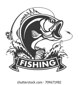 Fishing logo. Bass fish with rod club emblem. Fishing theme vector illustration. Isolated on white.