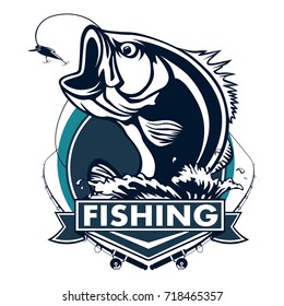 Fishing logo. Bass fish with rod club emblem. Fishing theme vector illustration. Isolated on white.