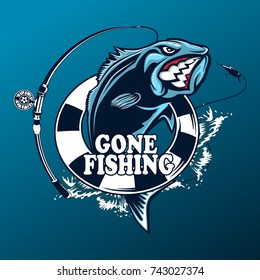 Fishing logo. Bass fish with rod club emblem. Fishing theme vector illustration. Isolated on white.
