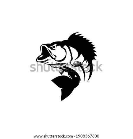 Fishing logo Bass fish with rod club emblem Fishing theme vector illustration Isolated on white