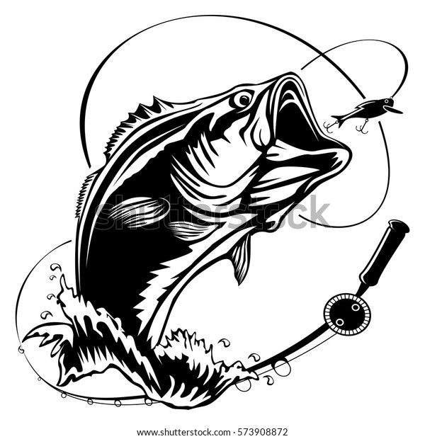 Fishing logo. Bass fish\
with rod club emblem. Fishing theme vector illustration. Isolated\
on white.