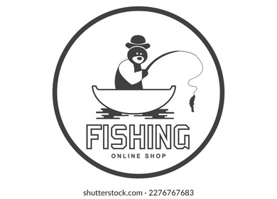 Fishing Logo with bear isolated on white background. Bass fish with rod club emblem. Fishing theme for logo and icon design including human, boat, hat - Vector illustration eps 10