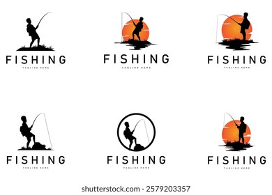 fishing logo black silhouette angler design and outdoor sunset