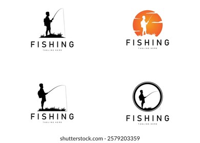 fishing logo black silhouette angler design and outdoor sunset