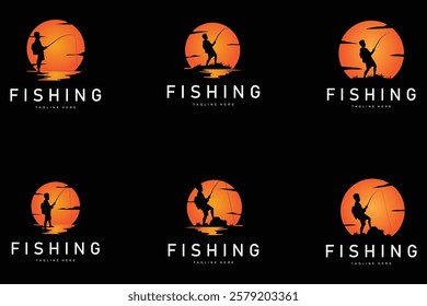 fishing logo black silhouette angler design and outdoor sunset