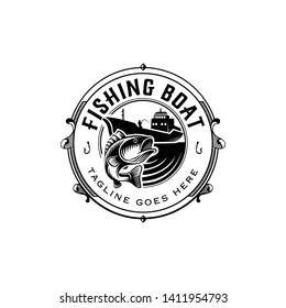 fishing logo with boat or boat with illustrations of fish in a vintage concept