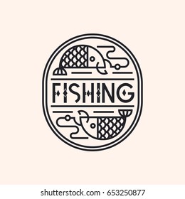 Fishing logo consisting of fish and hook line style isolated on background for camping emblem, sticker, tourist symbol, travel badge, label, climbing, poster, banner, t-shirt. Vector Illustration