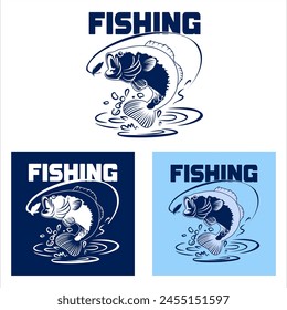 fishing logo design with fish and fishing rod symbols