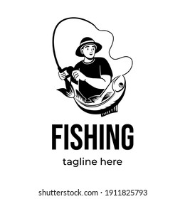 Fishing logo design. Fisherman catching fish with fishing rod vector emblem. Fishing sport, summer vacation hobby. Happy male character catch big fresh fish with logotype template.