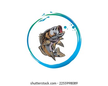 diseño de logotipo de pesca con peces de bajo saltando.