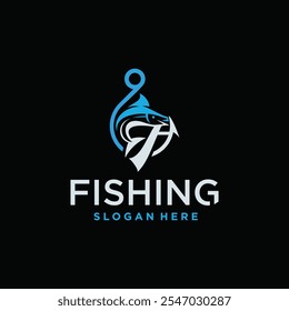 diseño de logotipo de pesca, logotipo de pesca en el mar Plantilla de diseño de logotipo de cazador de peces con concepto de gancho.