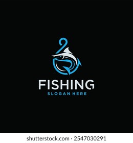 diseño de logotipo de pesca, logotipo de pesca en el mar Plantilla de diseño de logotipo de cazador de peces con concepto de gancho.