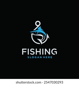 diseño de logotipo de pesca, logotipo de pesca en el mar Plantilla de diseño de logotipo de cazador de peces con concepto de gancho.