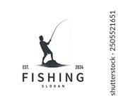 Fishing logo design silhouette of river angler with hook illustration template