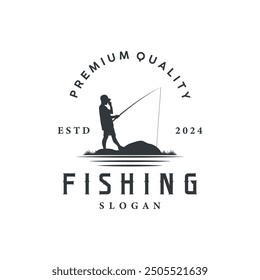 Fishing logo design silhouette of river angler with hook illustration template