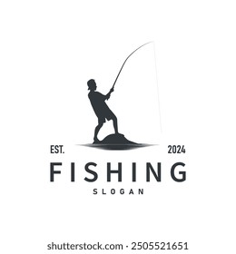 Fishing logo design silhouette of river angler with hook illustration template